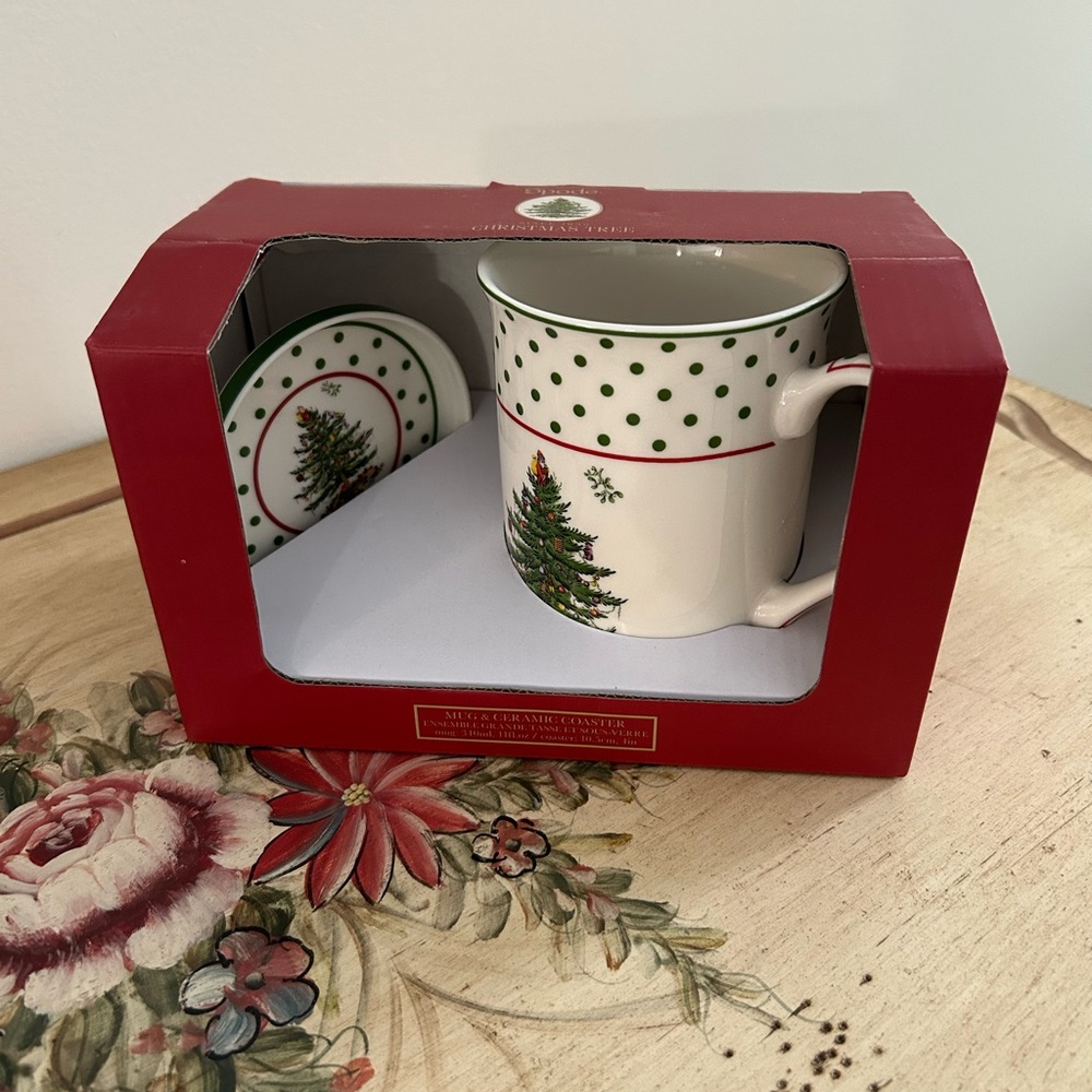 NWOT Spode Polka Dot Mug & Coaster Set & Holiday 2024 Anthropologie Dish Towel
